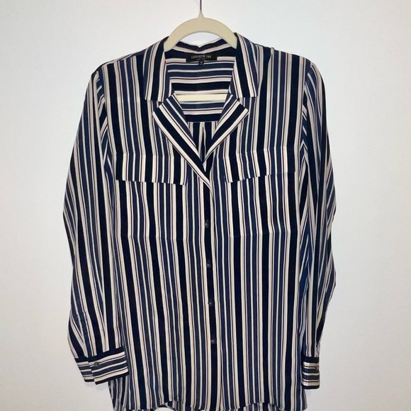 Lafayette 148 NY 100% Silk Blouse Navy Beige White Striped Long Sleeves W SZ M - Picture 2 of 8